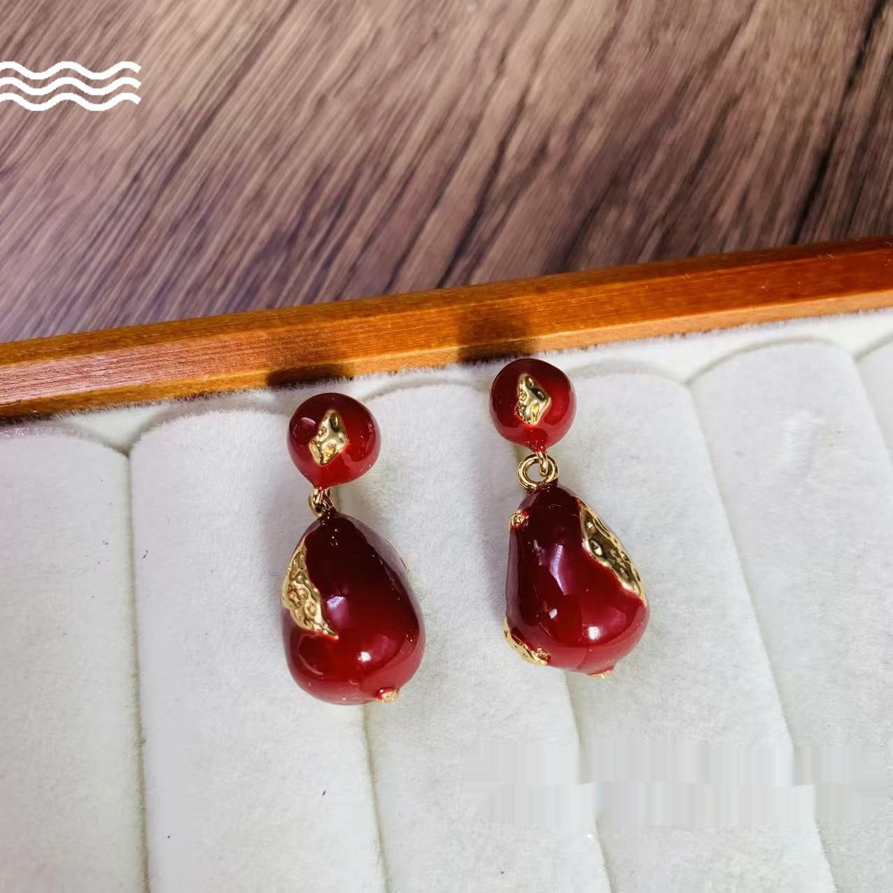 Vintage Wine Red Enamel Water Drop Earrings