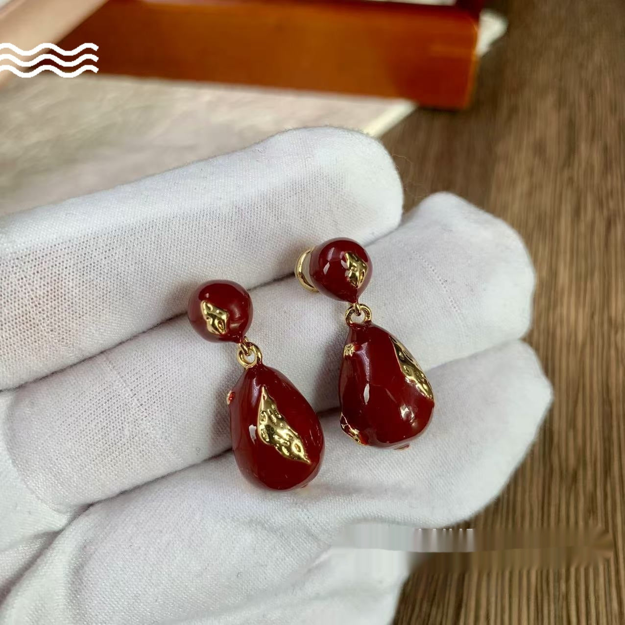 Vintage Wine Red Enamel Water Drop Earrings